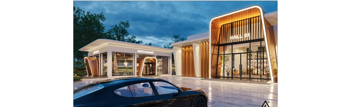 Grand Sapphire Qadirabad — evening exterior render of the Lebanese-inspired event complex